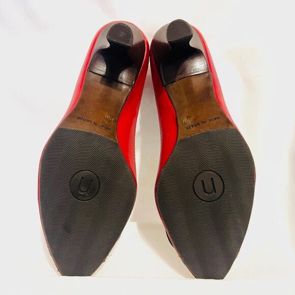 Nicole-Made In Brazil-3" Heels Red Leather/Antique Gold Buckle-Size 8 1/2-Comfy - Picture 12 of 15